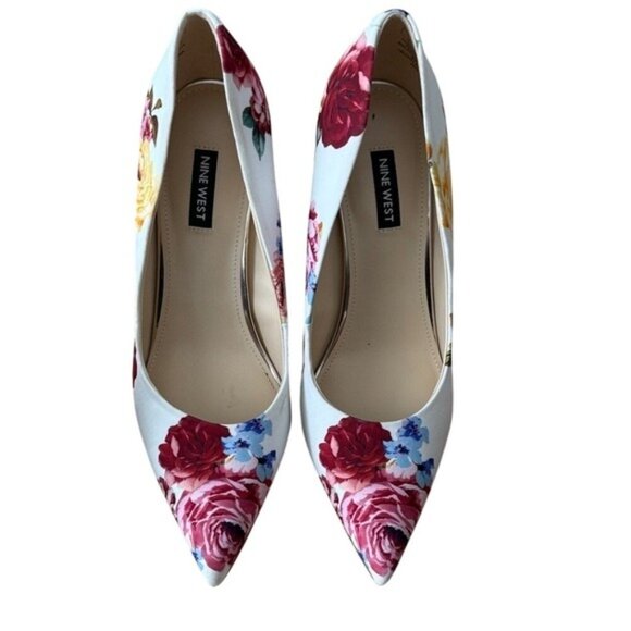 Nine West Shoes - Nine West White Floral Pointed-Toe Pumps with Red, Pink & Blue Blooms